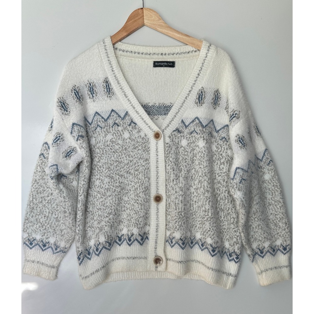 Romantic Hut Fuzzy Knit Cardigan Sweater Fair Isle Nordic Pattern Cottagecore SM - Picture 7 of 15